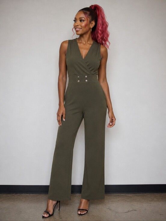 Julia Pants - Sleeveless Olive Green Wide-Leg Jumpsuit By Julia NWT Size S